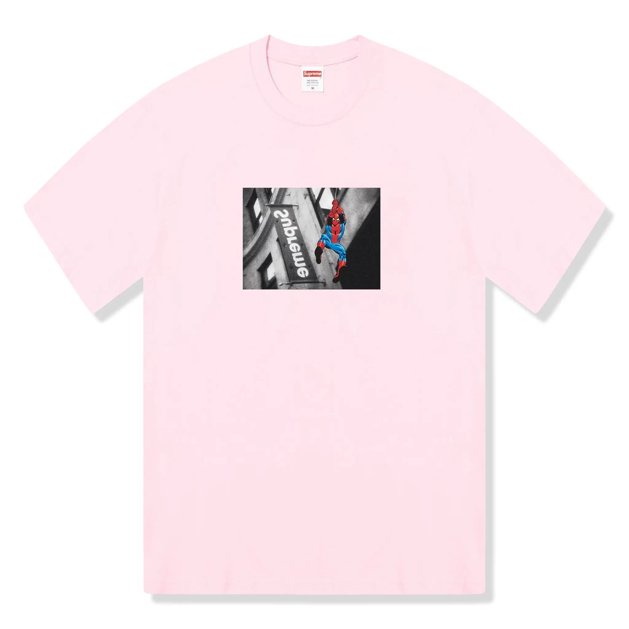 Front View of Supreme Spider Man Pink T-Shirt (SS26)